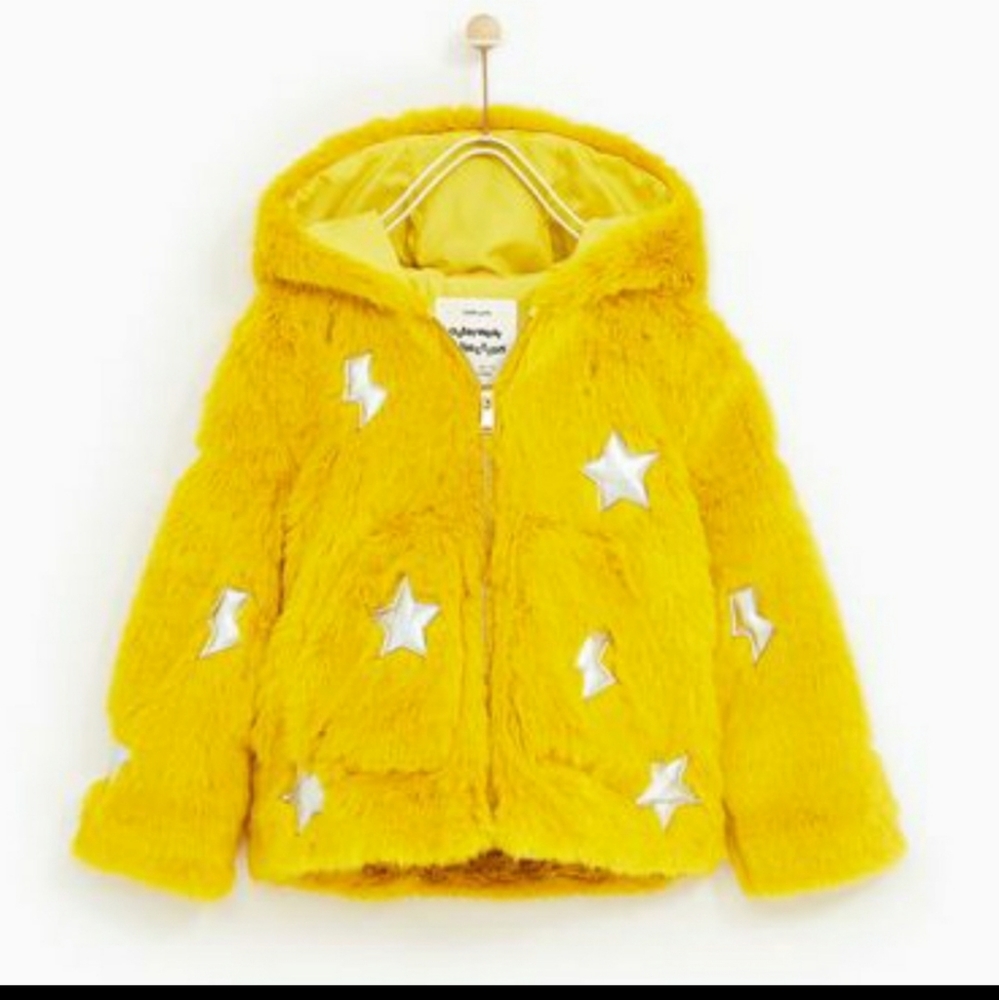 ZARA Faux Fur Yellow Star Hooded Coat